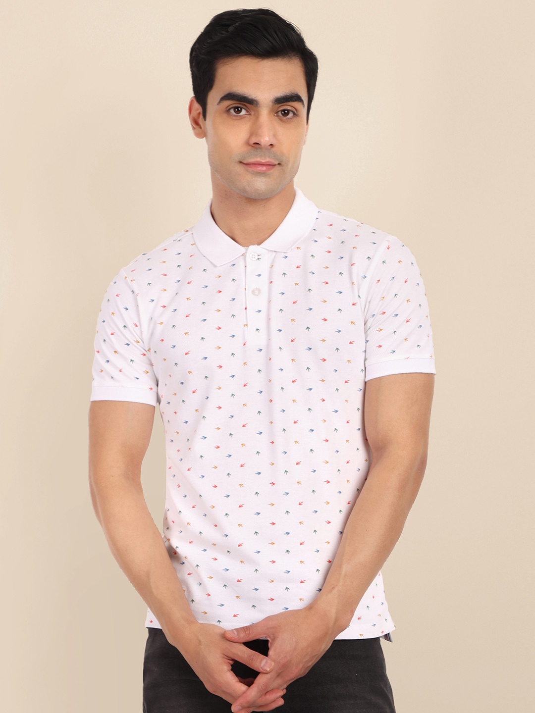 

TOMHIDDLE Conversational Printed Polo Collar Bio-Washed Pure Cotton T-shirt, White
