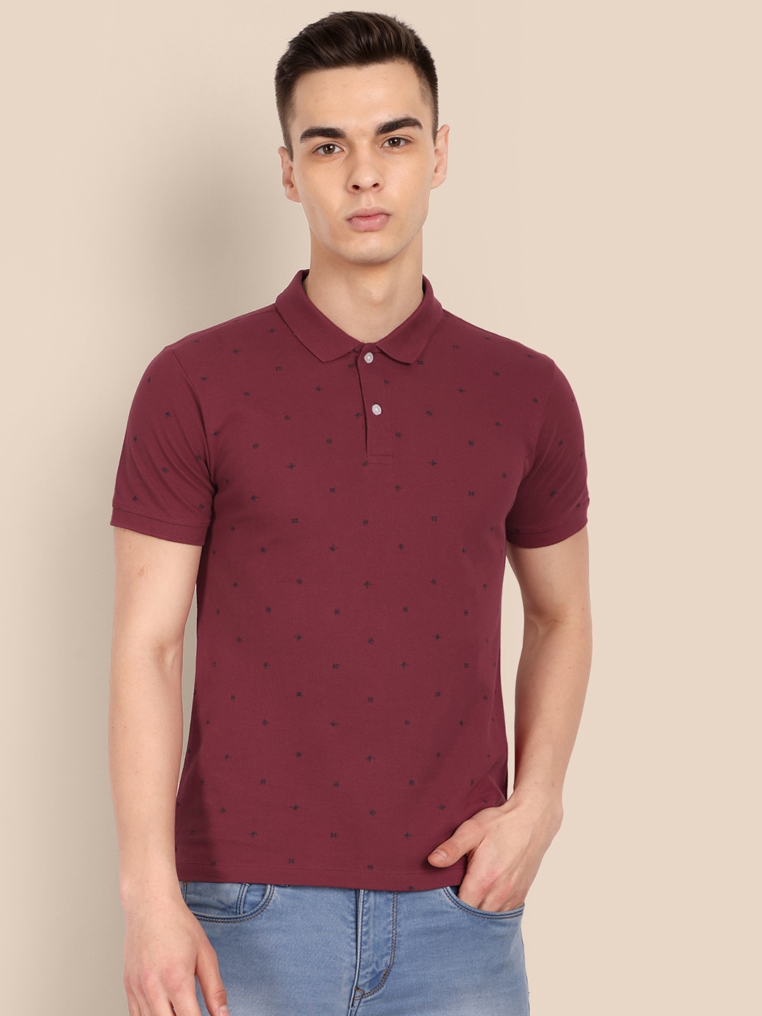 

TOMHIDDLE Conversational Printed Polo Collar Bio-Washed Pure Cotton T-shirt, Maroon