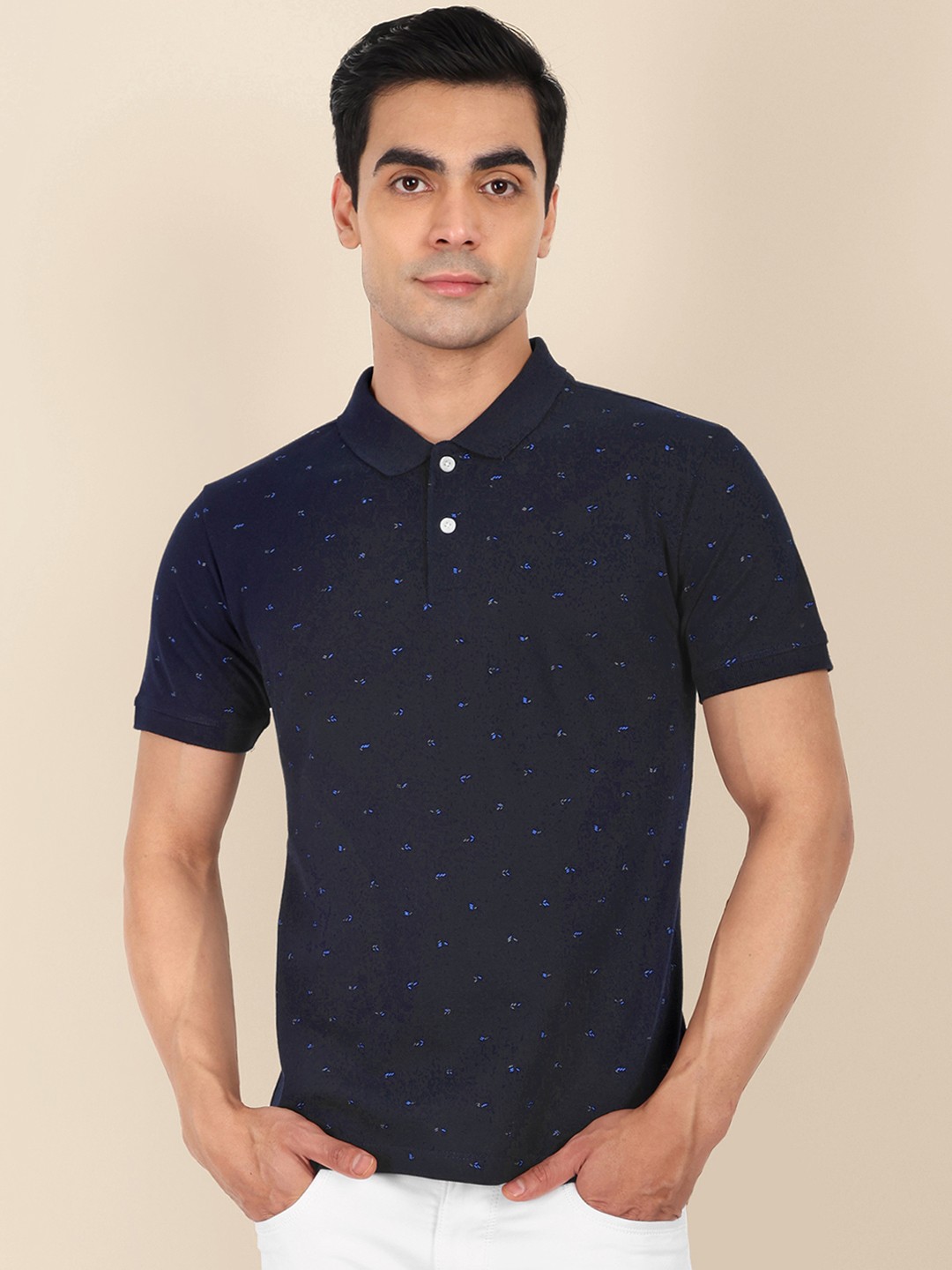 

TOMHIDDLE Conversational Printed Polo Collar Bio-Washed Pure Cotton T-shirt, Navy blue
