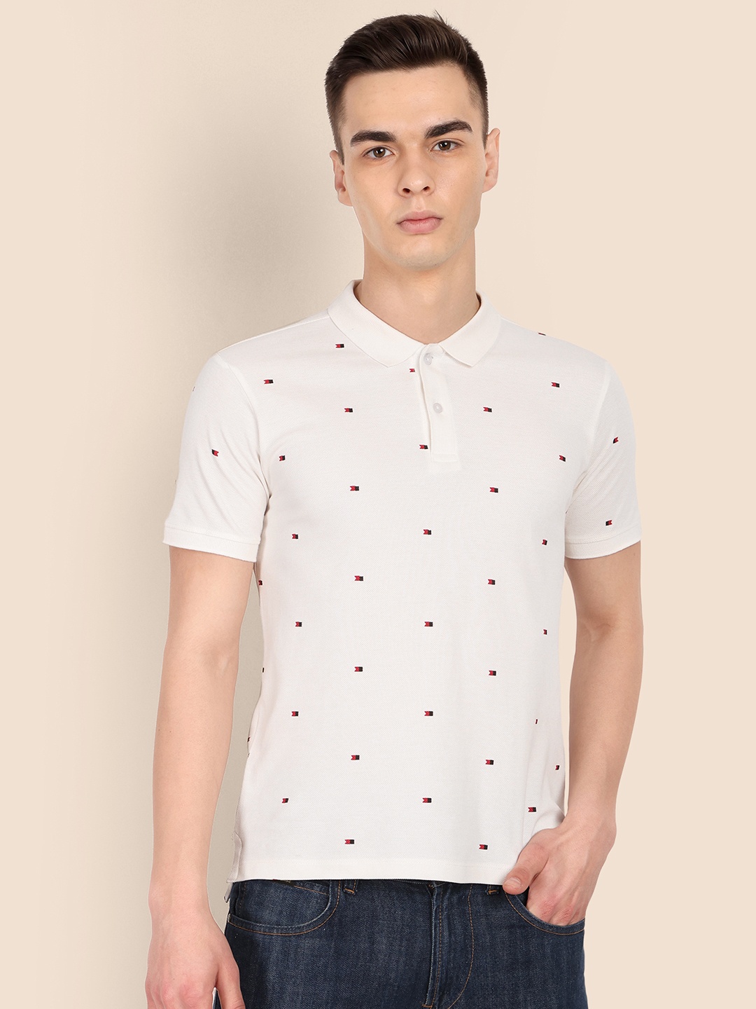 

TOMHIDDLE Conversational Printed Polo Collar Bio-Washed Pure Cotton T-shirt, White