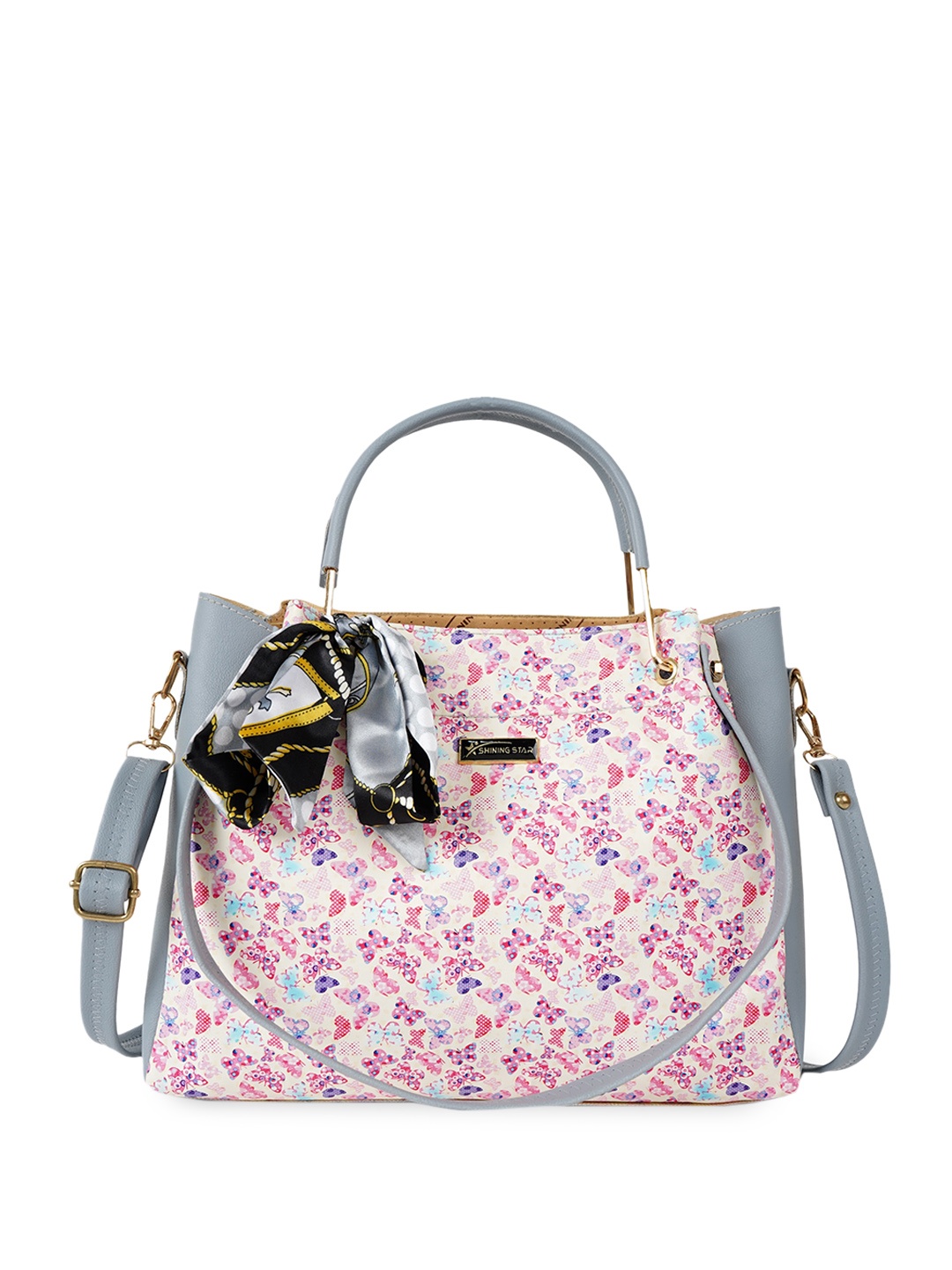 

SHINING STAR Floral Printed Structured Handheld Bag, Off white