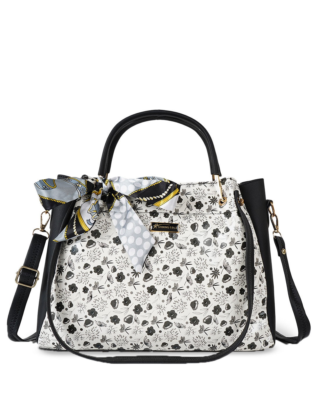 

SHINING STAR Floral Printed Oversized Structured Handheld Bag, Black