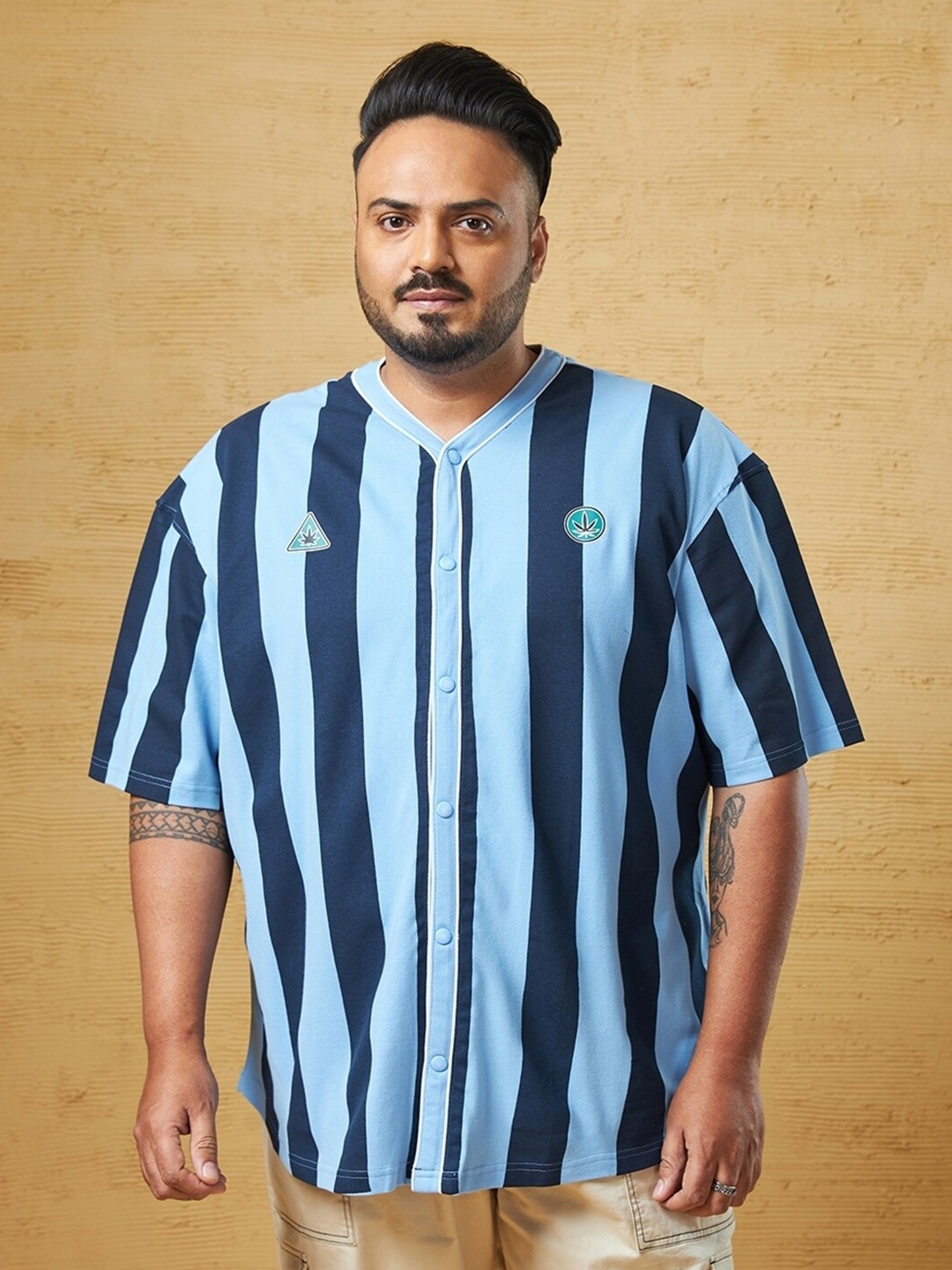

Bewakoof Plus Vertical Striped Organic Cotton Oversized Casual Shirt, Blue