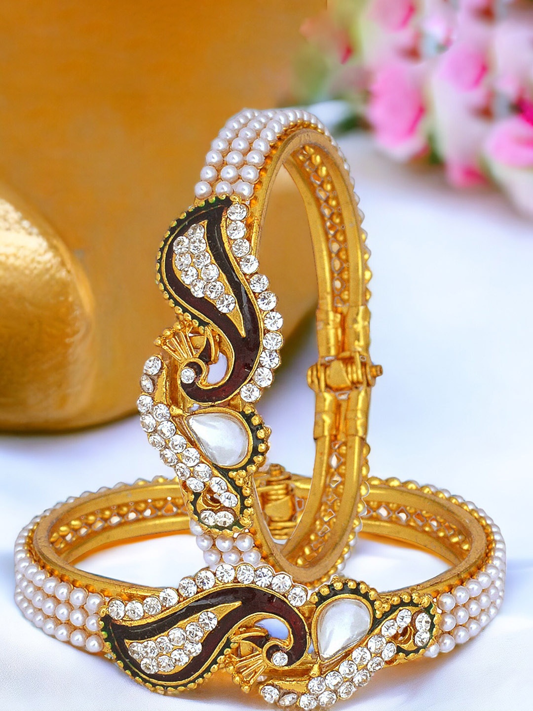 

The Pari Set Of 2 Gold-Plated Stone-Studded & Beaded Bangles