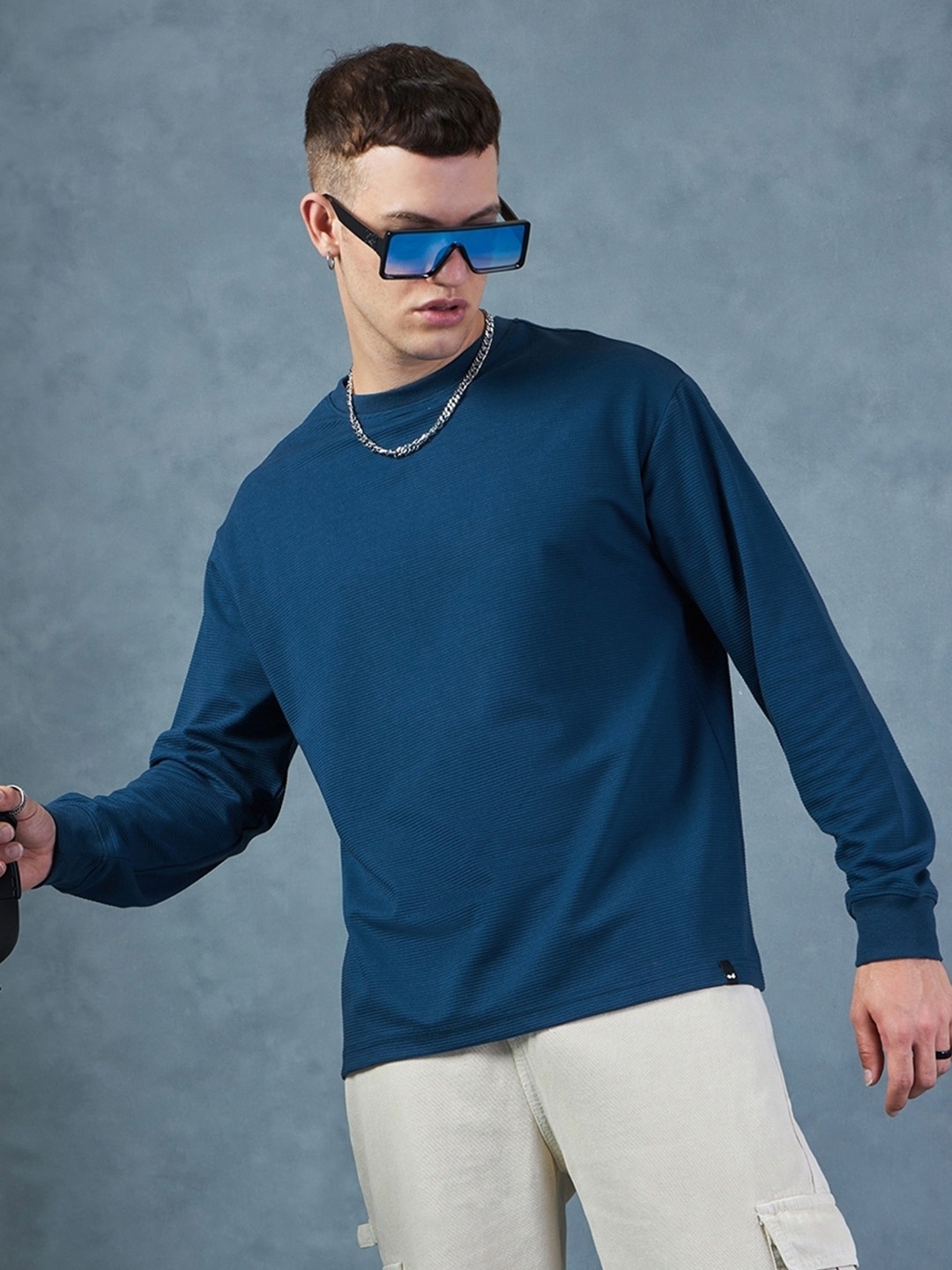 

Bewakoof Heavy Duty 1.0 Men Blue Textured Oversized T-shirt