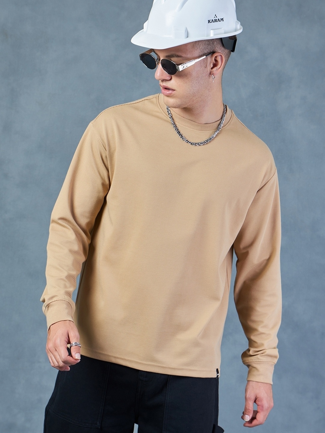 

Bewakoof Heavy Duty 1.0 Men Brown Textured Oversized T-shirt, Camel brown