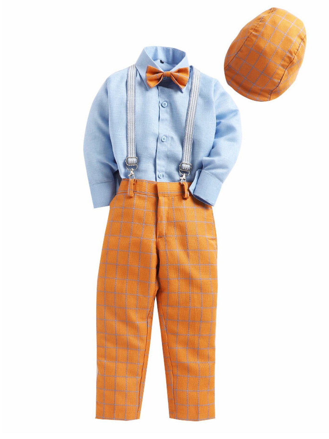 

BAESD Boys Shirt with Checked Trousers With Cap, Orange