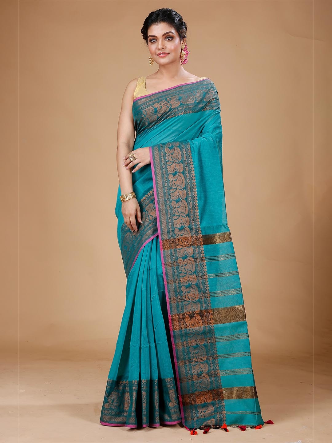 

SLAGHA Ethnic Woven Design Zari Silk Cotton Saree, Teal