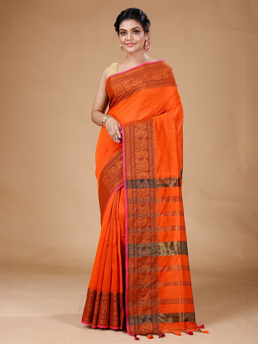 

SLAGHA Ethnic Woven Design Zari Silk Cotton Saree, Orange