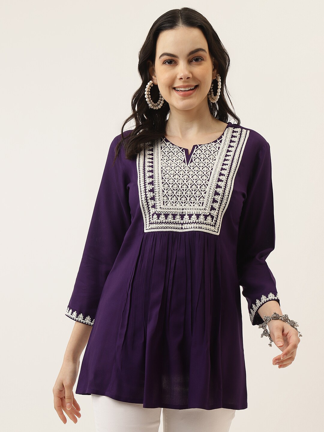 

Mandvi Floral Embroidered Peplum Top, Purple