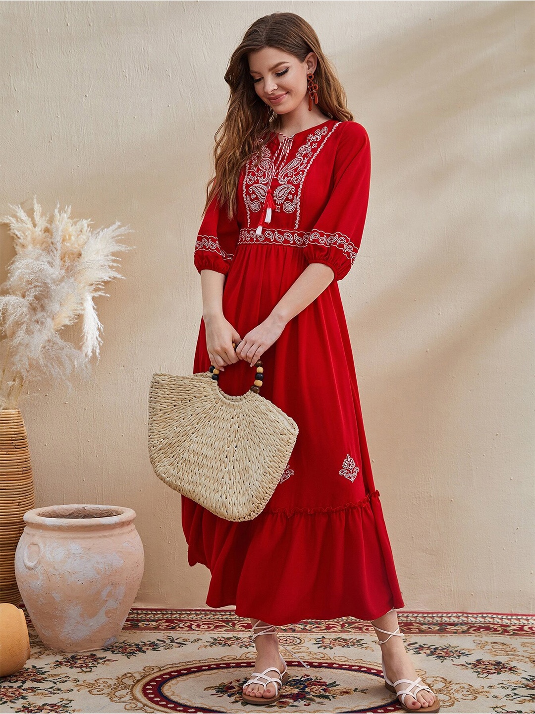 

Taswak Floral Embroidered A-Line Maxi Dress, Red