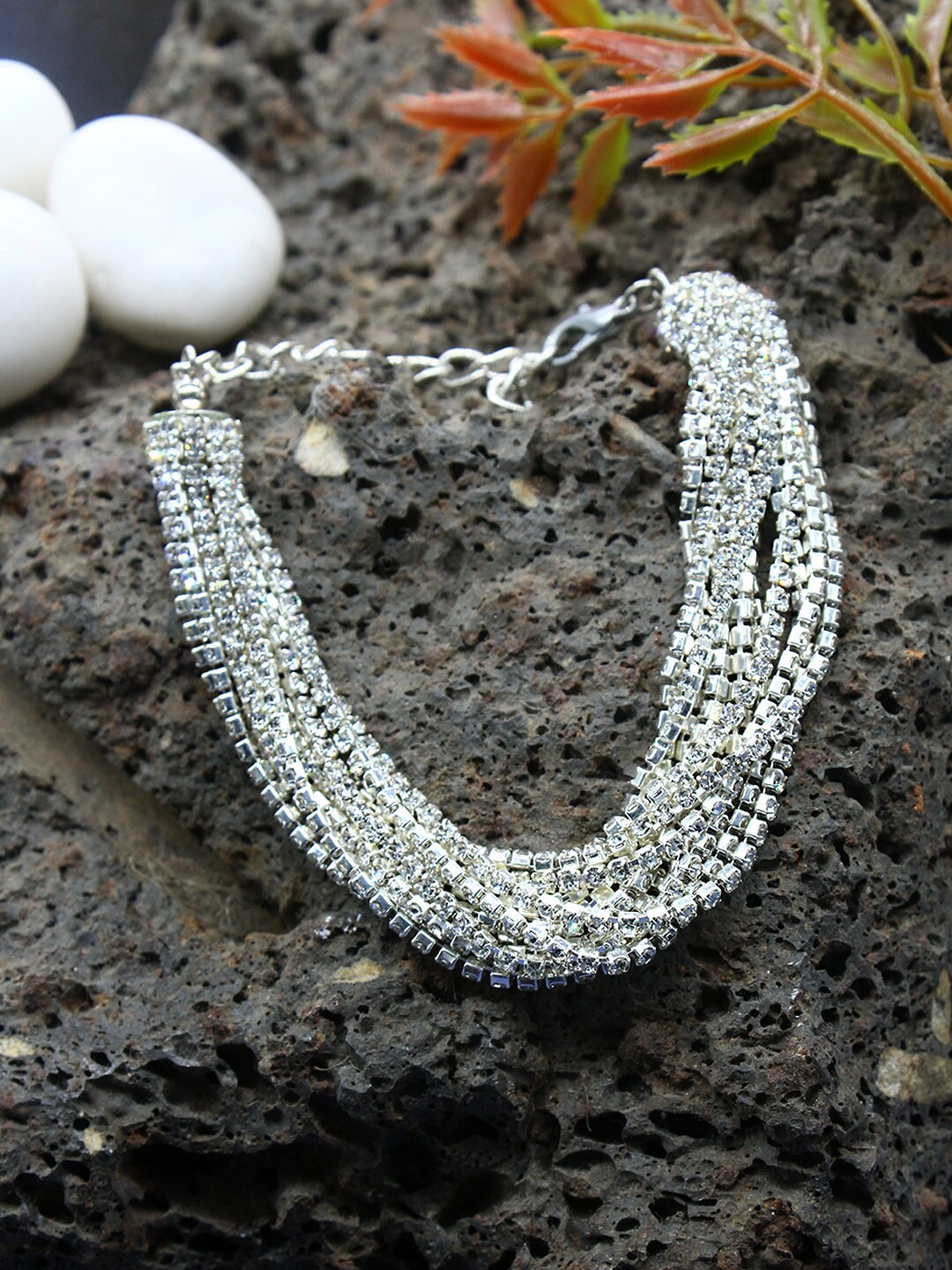 

DressBerry Brass Silver-Plated Cubic Zirconia-Studded Link Bracelet