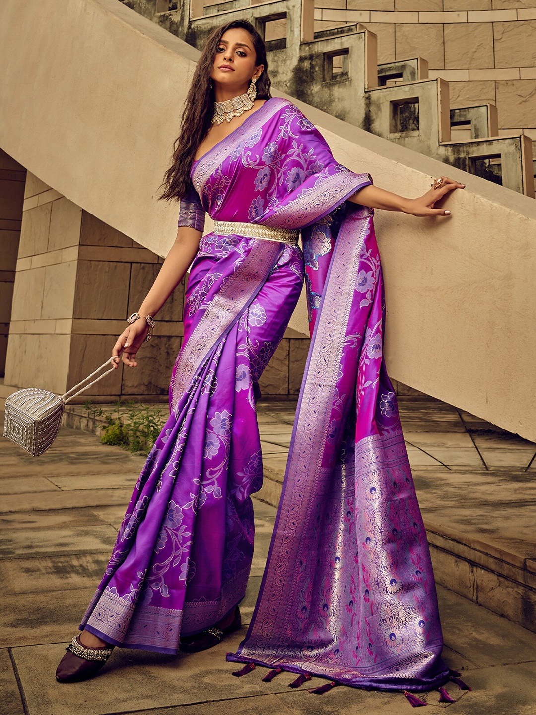 

ODETTE Floral Zari Satin Saree, Purple