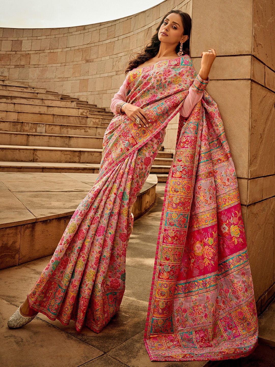 

ODETTE Woven Design Embroidered Silk Saree, Pink