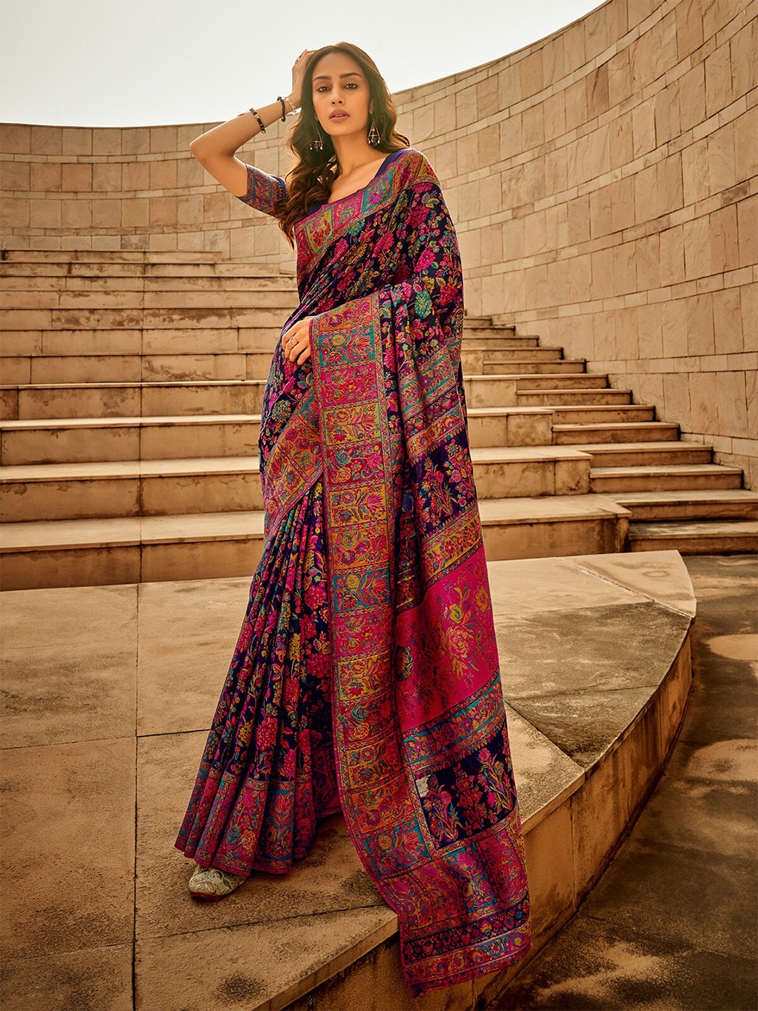 

ODETTE Floral Woven Design Silk Saree, Navy blue