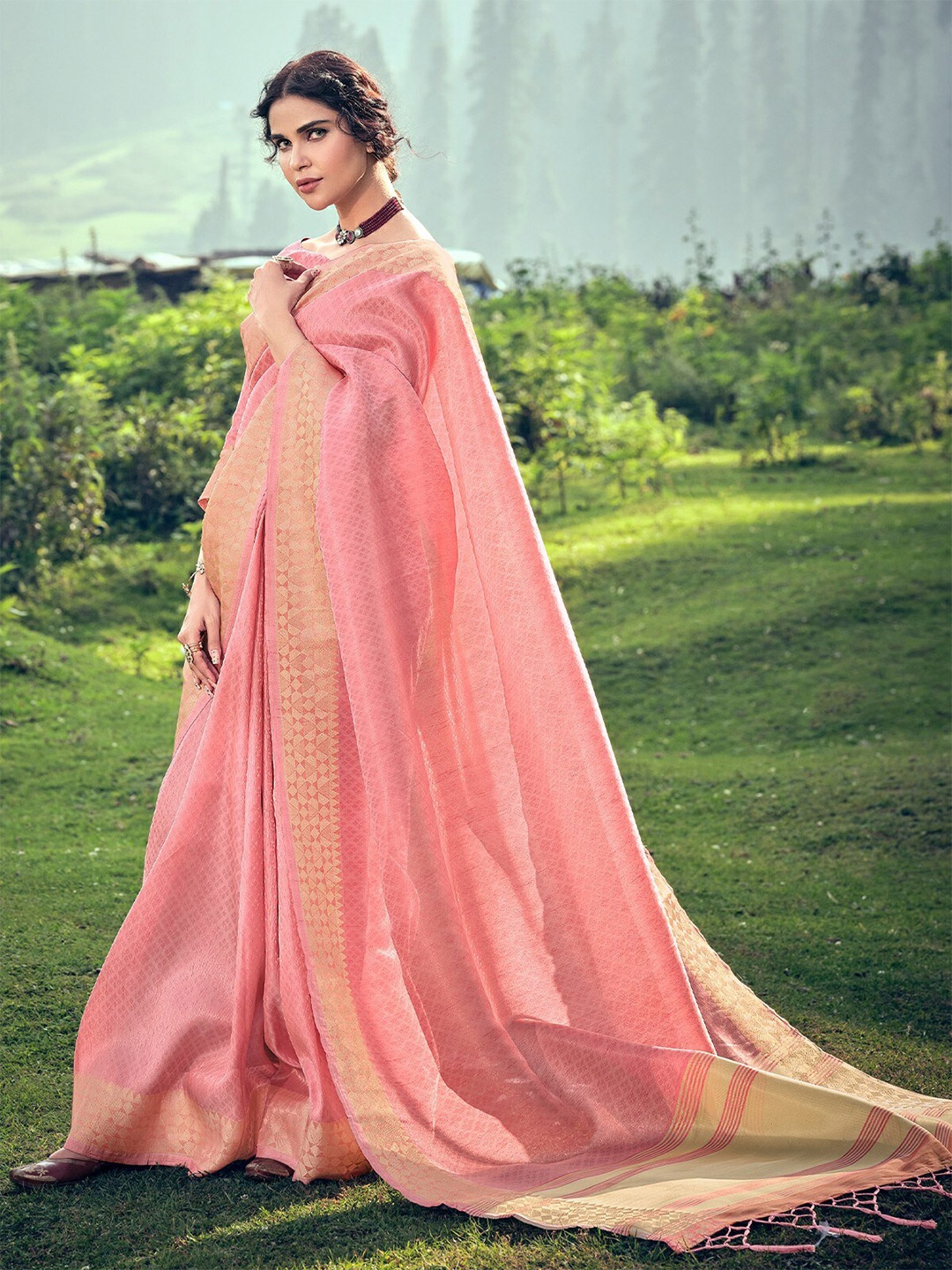 

ODETTE Ethnic Motifs Linen Saree, Pink