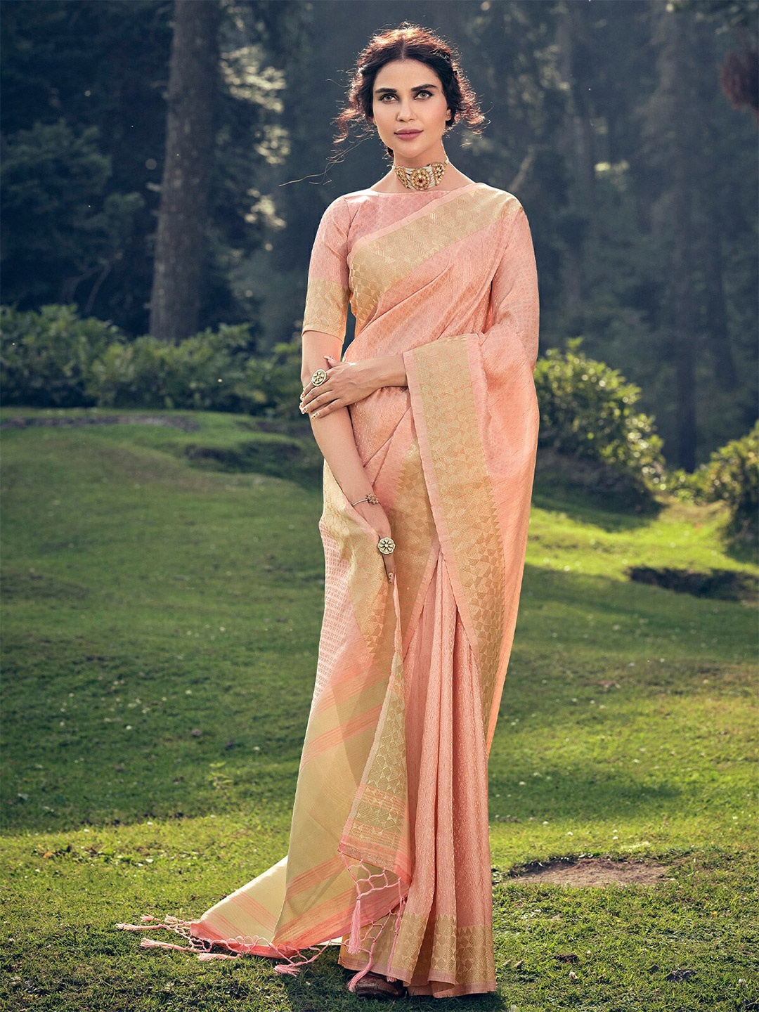 

ODETTE Woven Design Zari Linen Saree, Peach