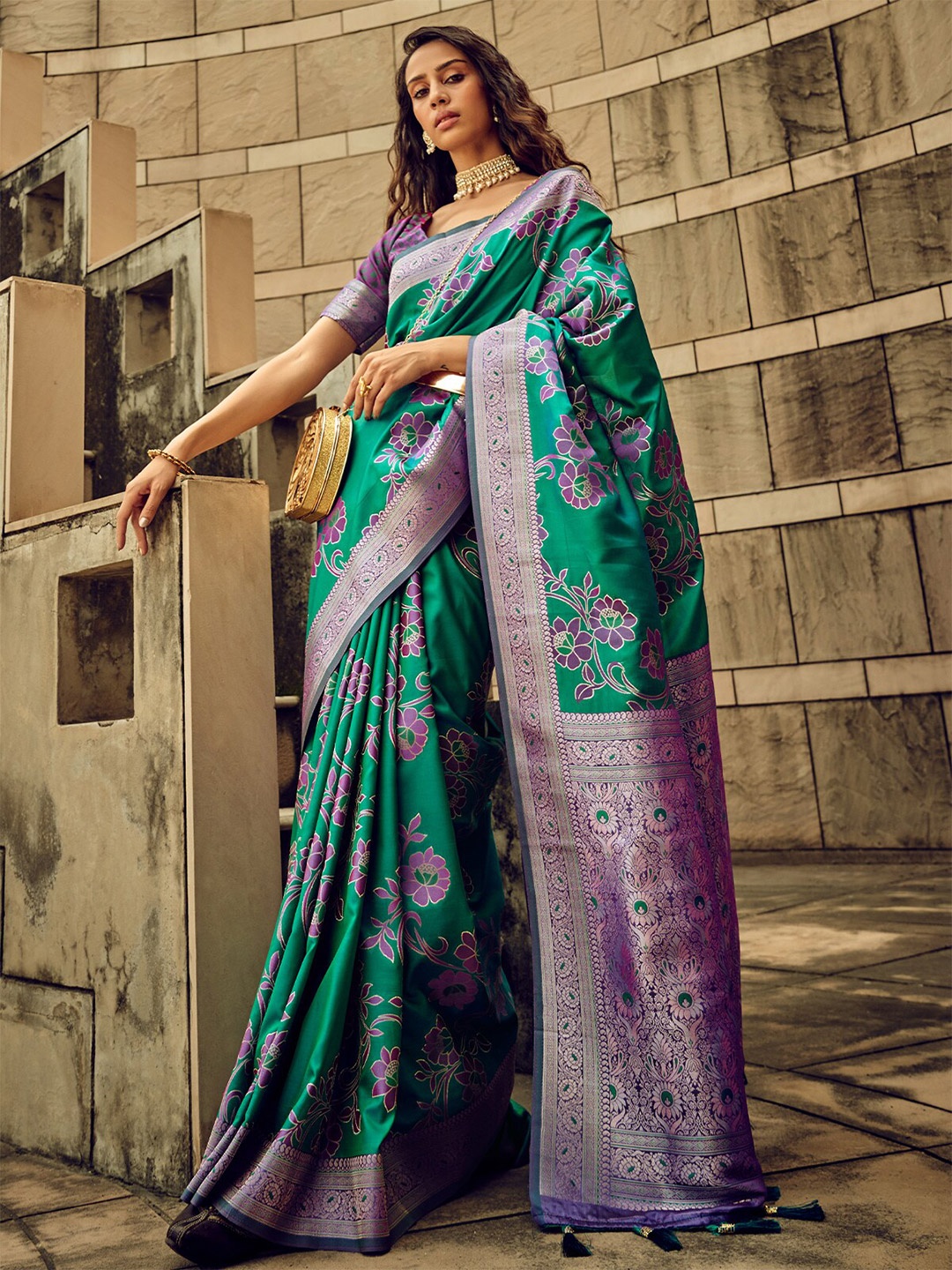 

ODETTE Woven Design Zari Satin Saree, Teal