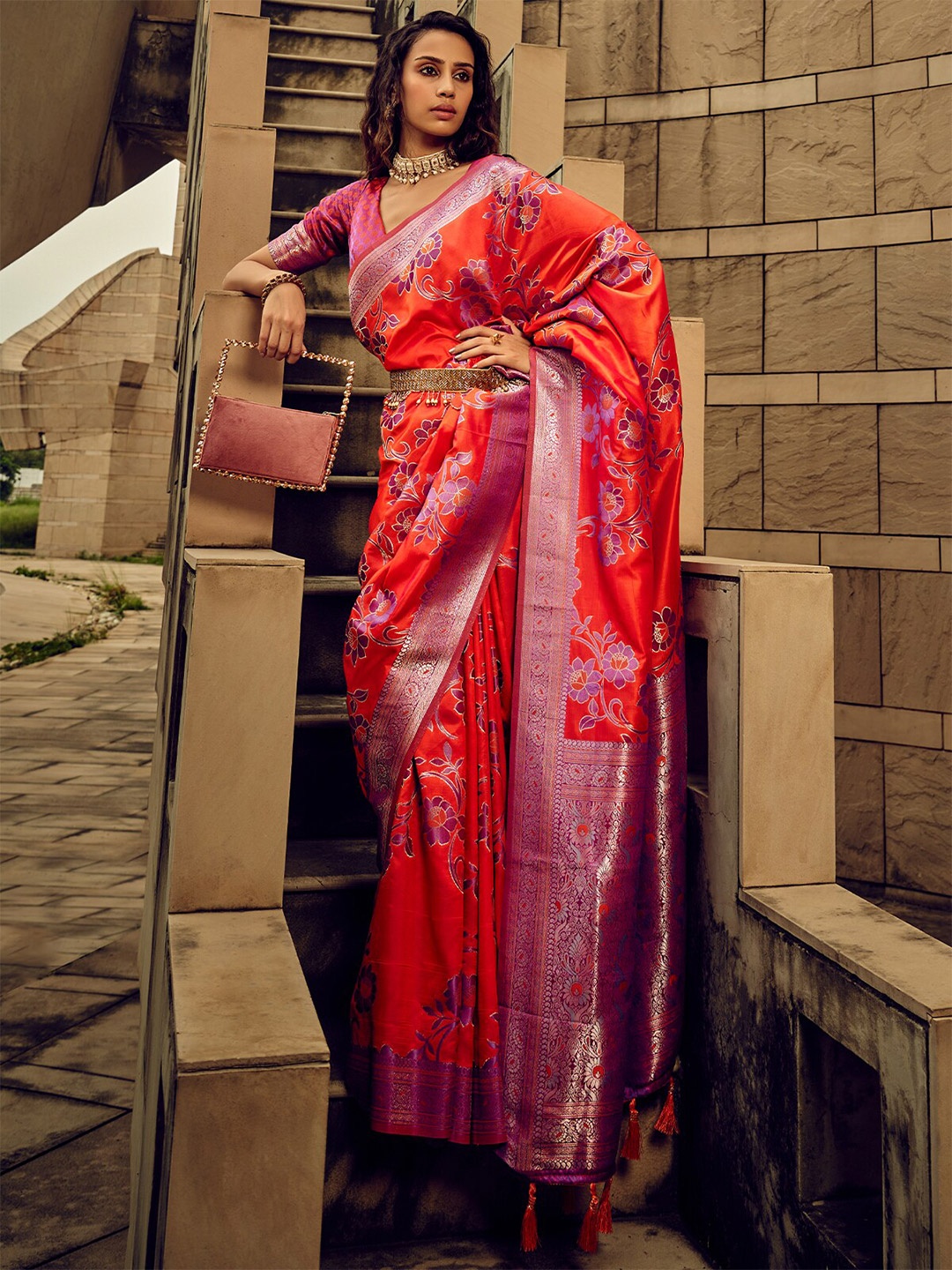 

ODETTE Floral Printed Satin Saree, Orange