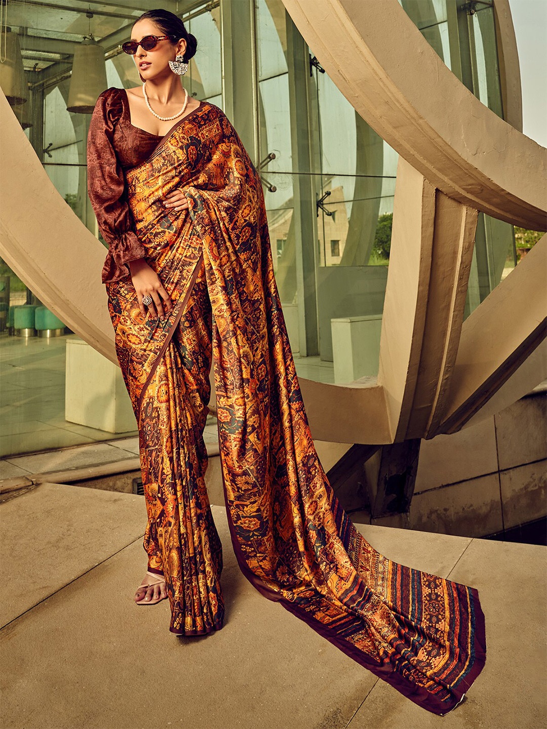 

ODETTE Digital Printed Satin Saree, Brown
