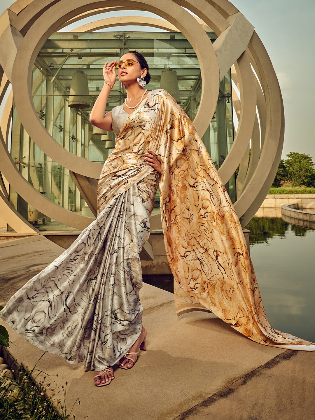 

ODETTE Digital Printed Satin Saree, White