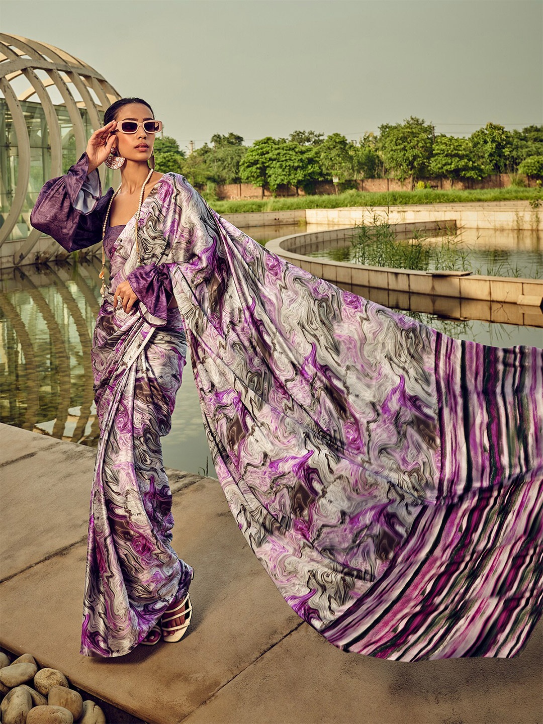 

ODETTE Digital Satin Saree, Purple