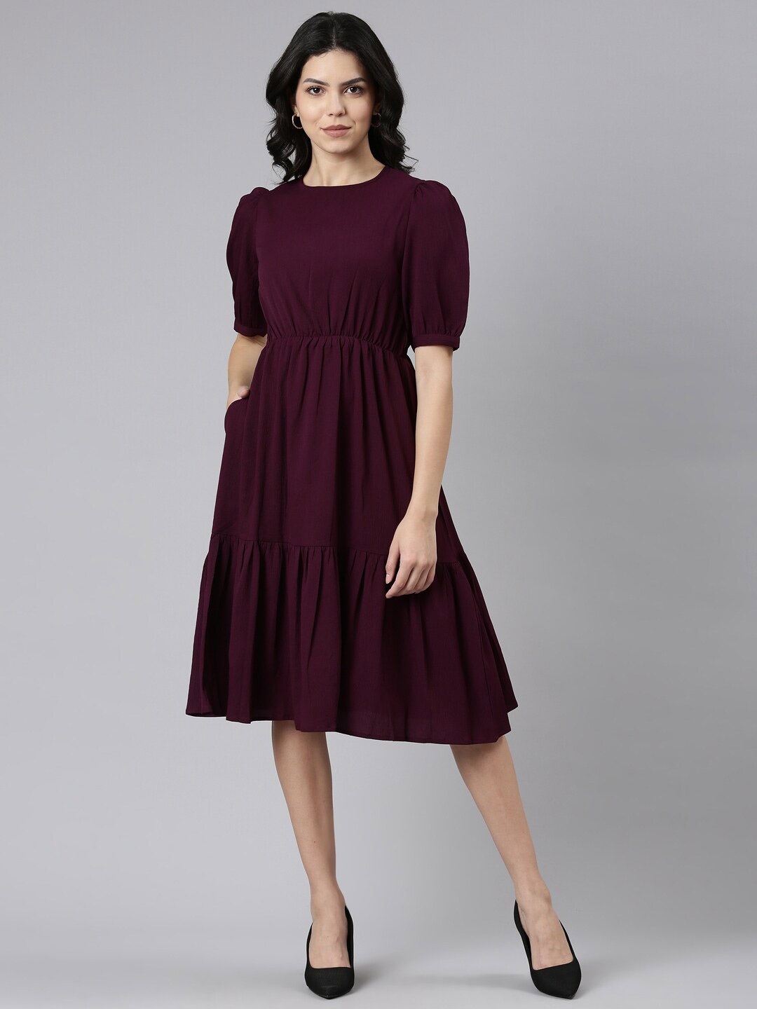 

TWIN BIRDS Puff Sleeves Tiered Fit & Flare Dress, Red