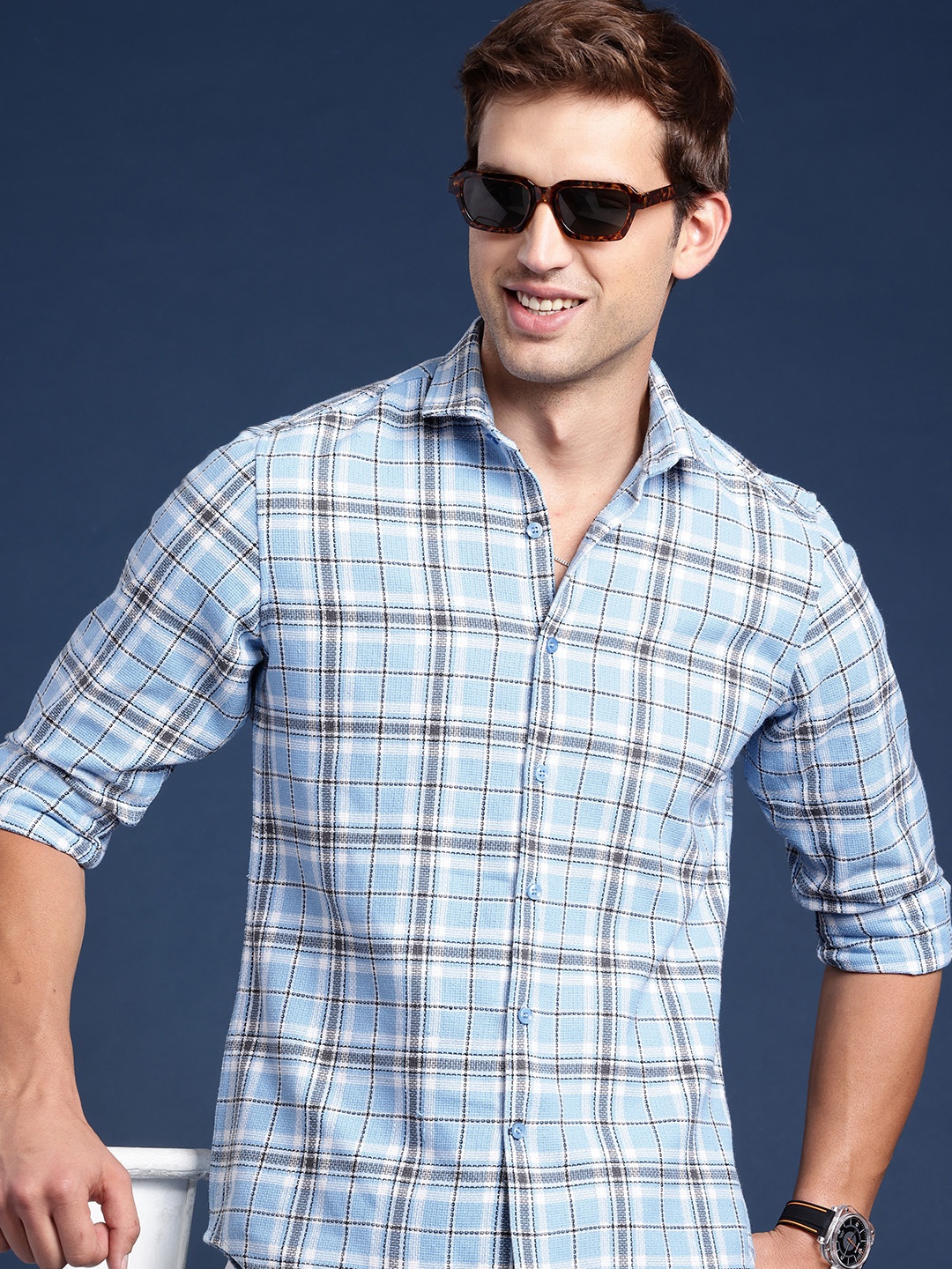 

Mast & Harbour Men Standard Checked Casual Shirt, Blue