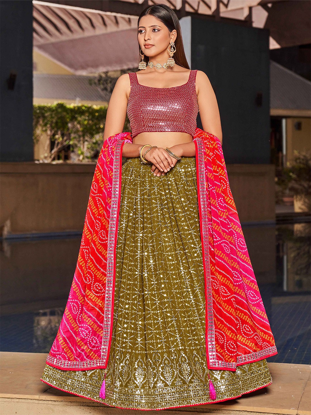 

FABPIXEL Ethnic Motifs Embroidered Sequinned Semi-Stitched Lehenga & Blouse With Dupatta, Green