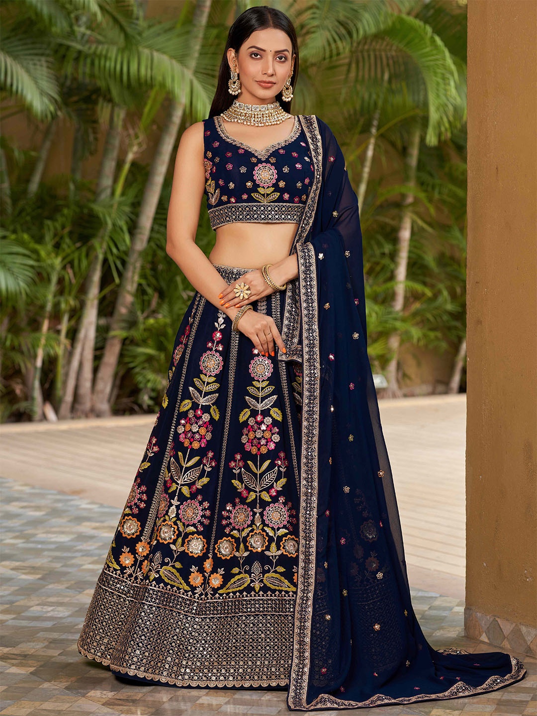 

FABPIXEL Embroidered Sequinned Semi-Stitched Lehenga & Unstitched Blouse With Dupatta, Blue