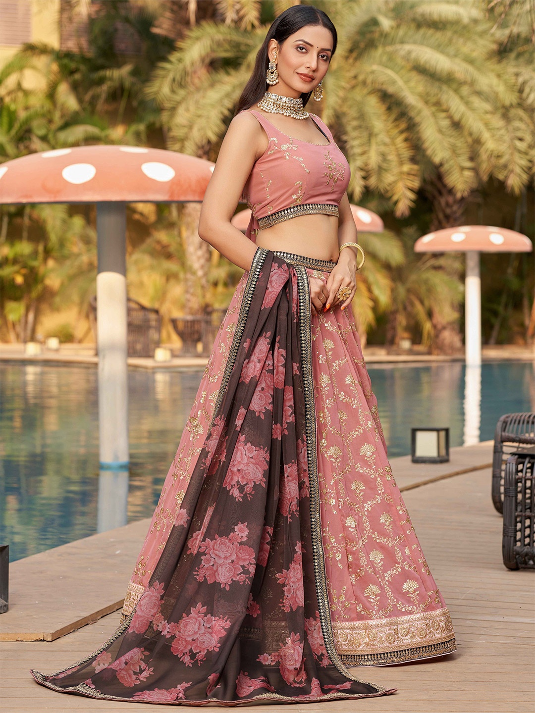

FABPIXEL Embellished Sequined Semi-Stitched Lehenga & Unstitched Blouse With Dupatta, Pink