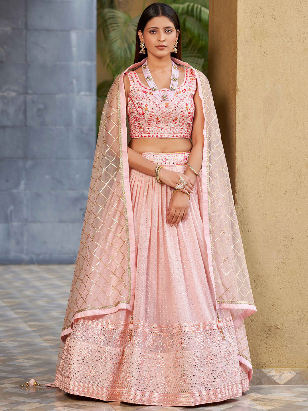 

FABPIXEL Embellished Sequined Semi-Stitched Lehenga & Unstitched Blouse With Dupatta, Peach