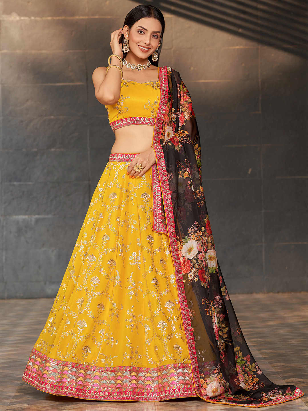 

FABPIXEL Embellished Sequined Semi-Stitched Lehenga & Unstitched Blouse With Dupatta, Yellow