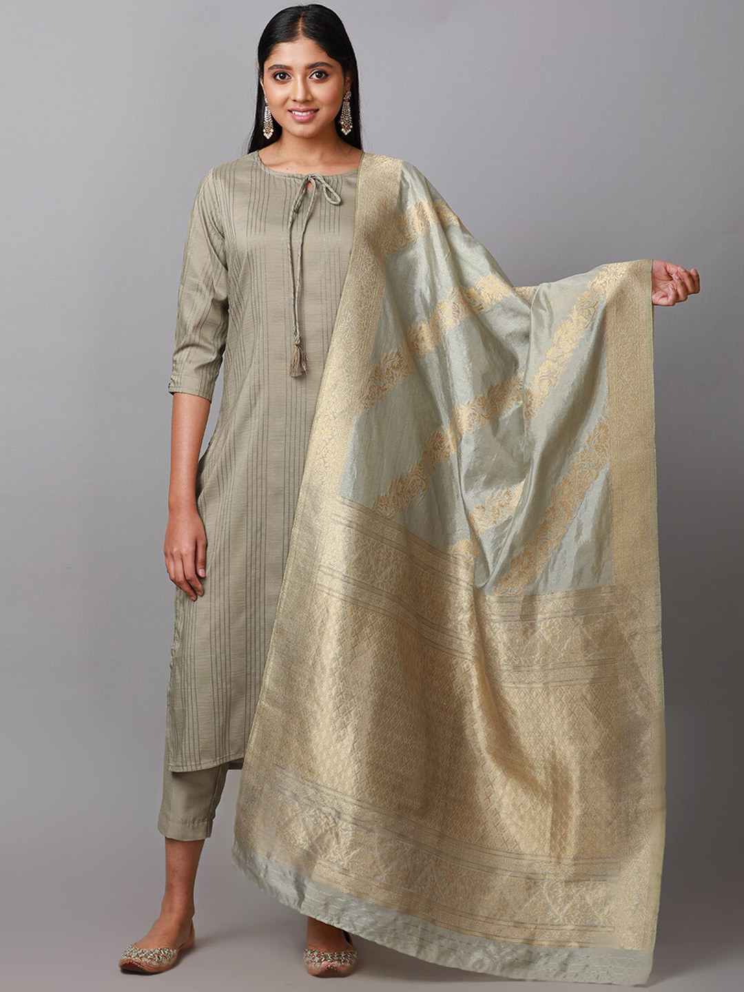 

Alena Striped Chanderi Silk Straight Kurta & Trouser With Dupatta, Olive