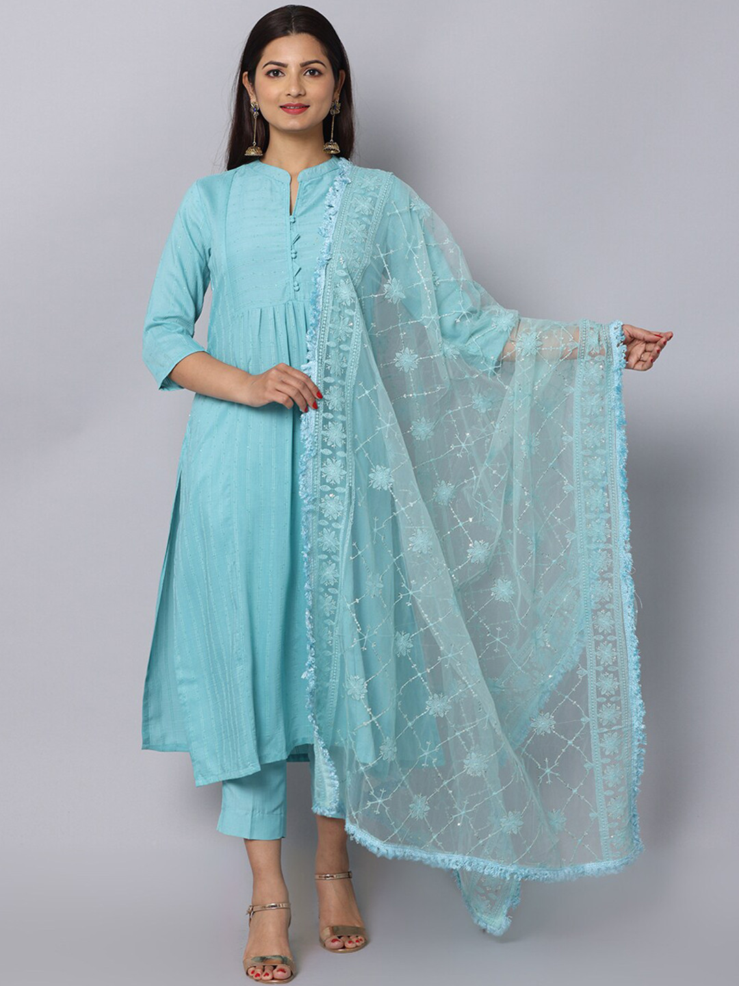 

Alena Striped Sequined A-Line Chanderi Silk Kurta with Trousers & Dupatta, Blue