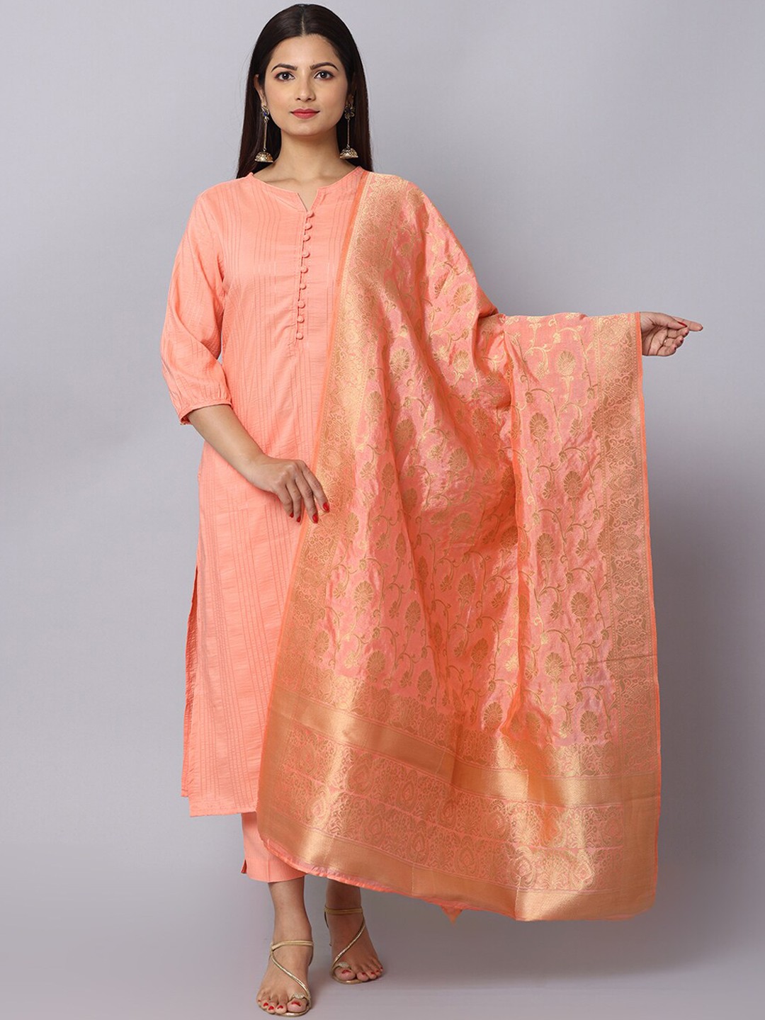 

Alena Striped Notched Neck Chanderi Silk Straight Kurta With Trouser & Dupatta, Peach