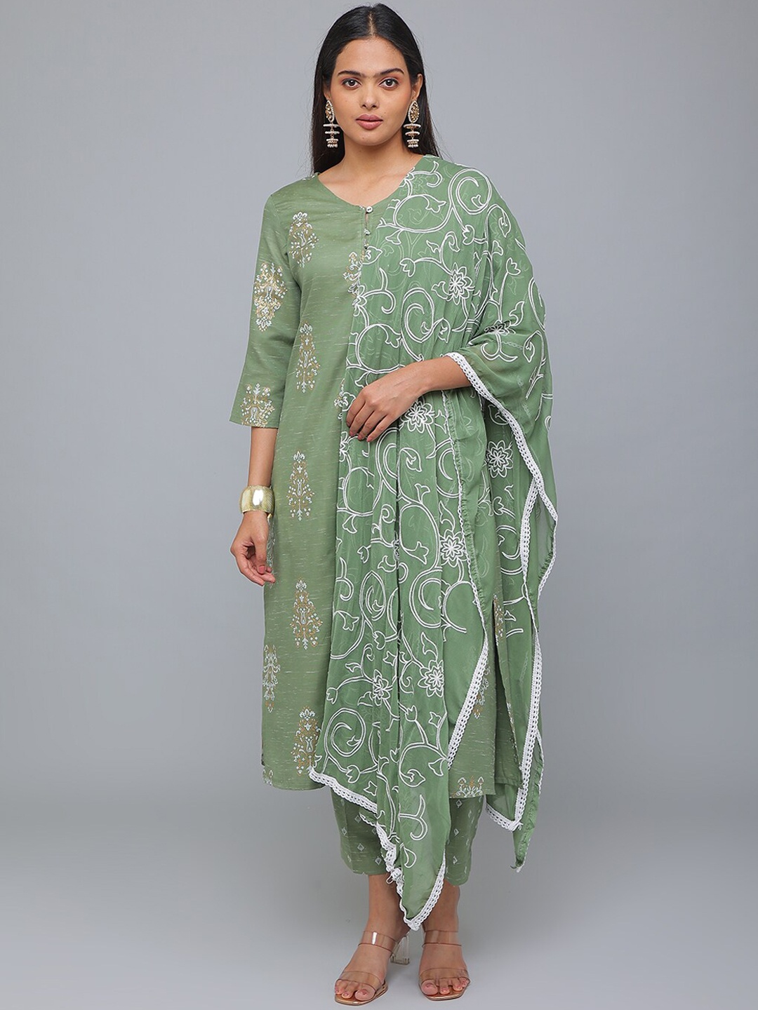 

Alena Ethnic Motifs Printed Chanderi Silk Kurta with Trousers & Dupatta, Green