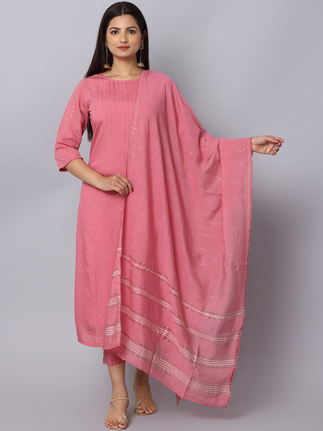 

Alena Striped Sequined Chanderi Silk Straight Kurta With Trouser & Dupatta, Pink