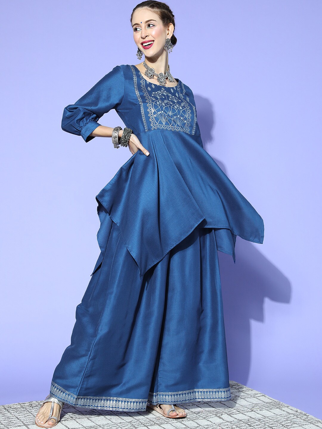 

ZIYAA Floral Printed A-line Kurta with Palazzos, Blue