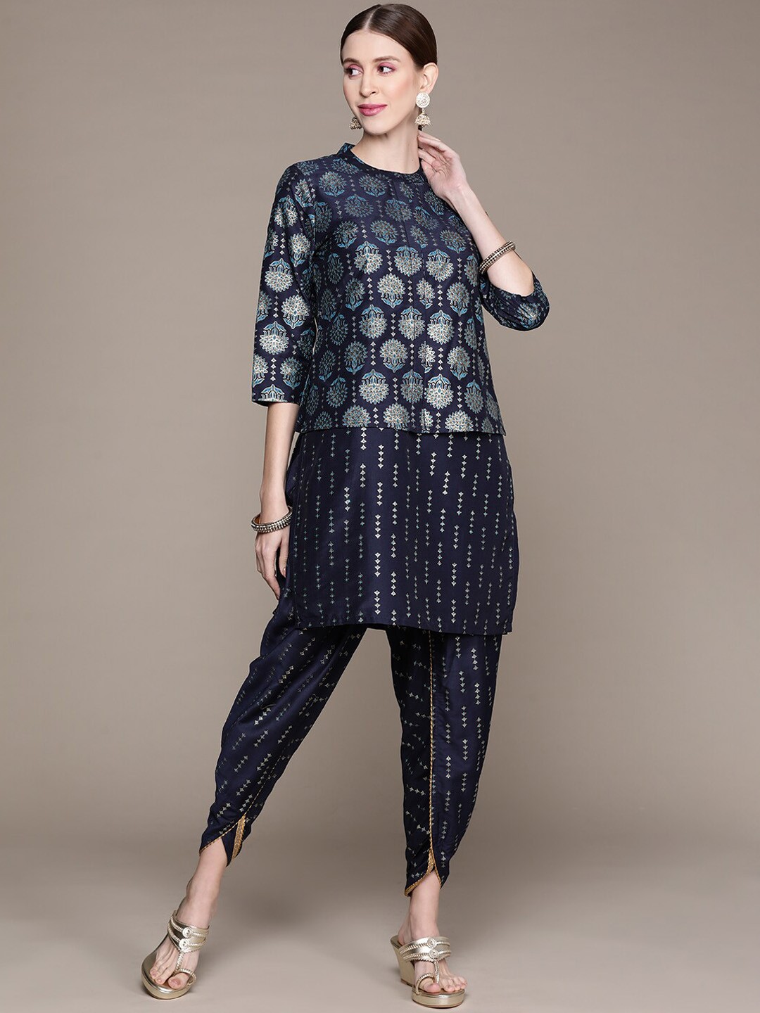 

ZIYAA Ethnic Motifs Foil Printed Regular Kurta With Dhoti Pants & Jacket, Navy blue
