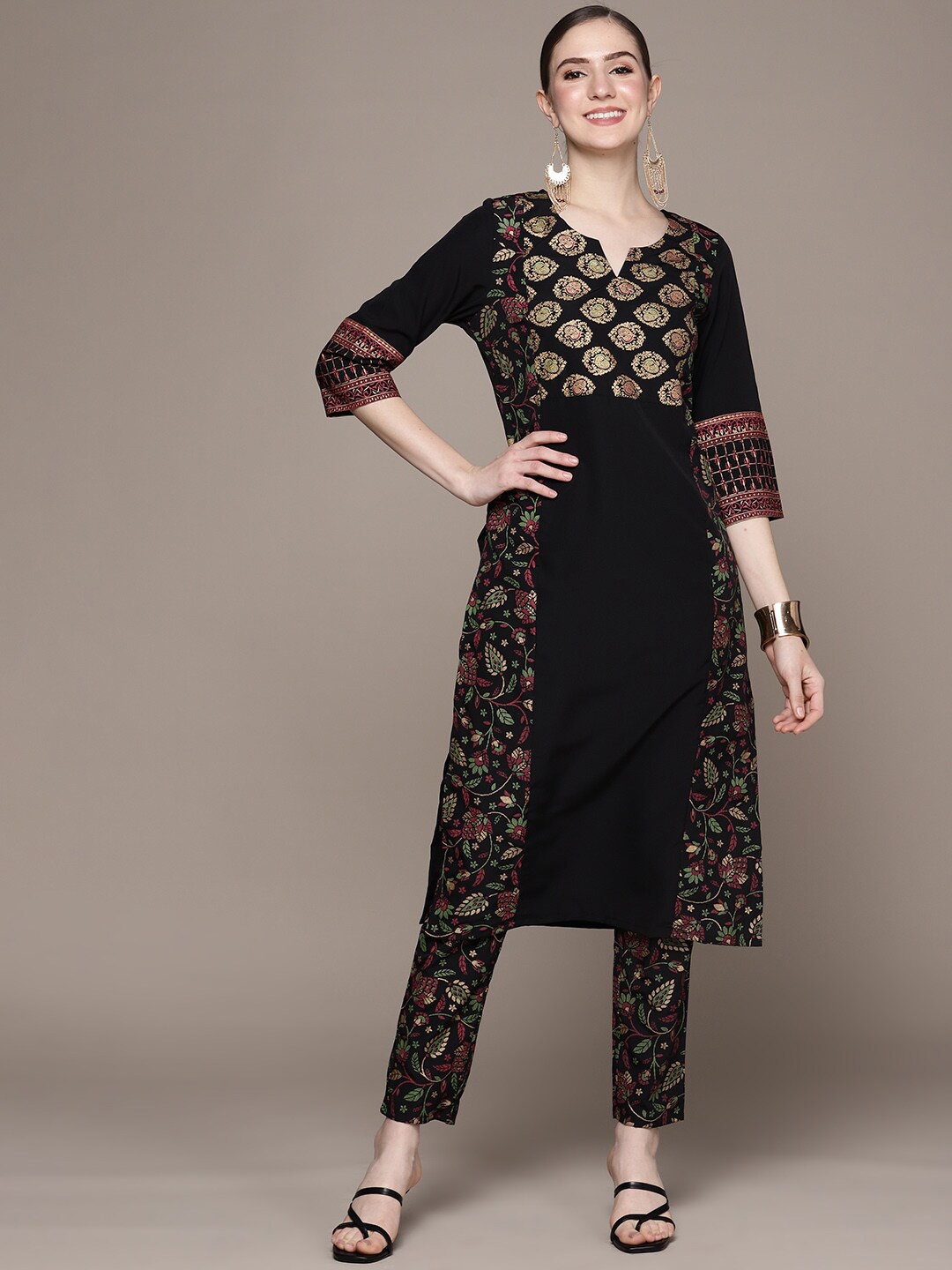 

ZIYAA Ethnic Motifs Printed Regular Kurta With Trousers, Black