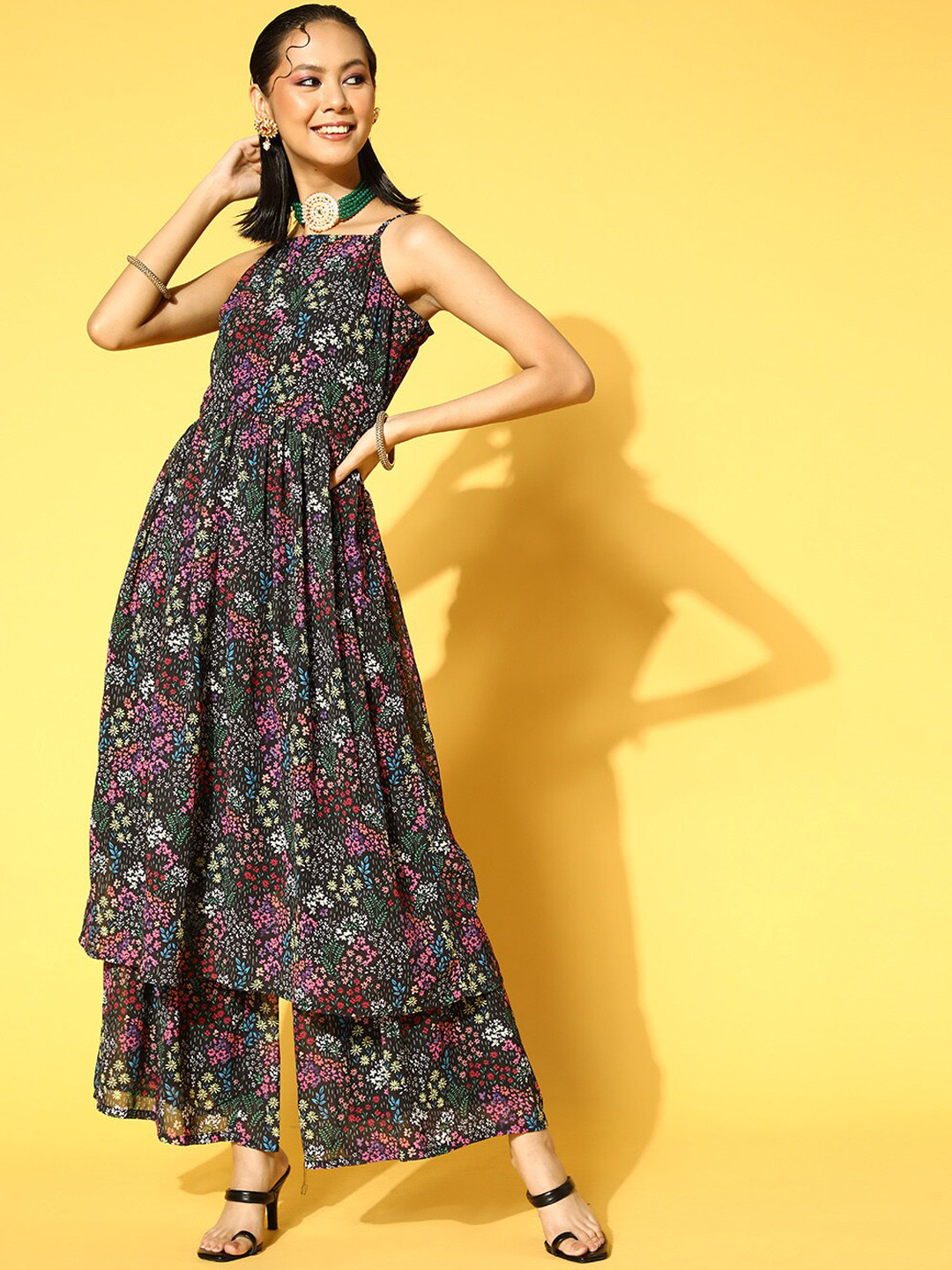 

ZIYAA Floral Printed A-Line Kurta with Sharara, Black