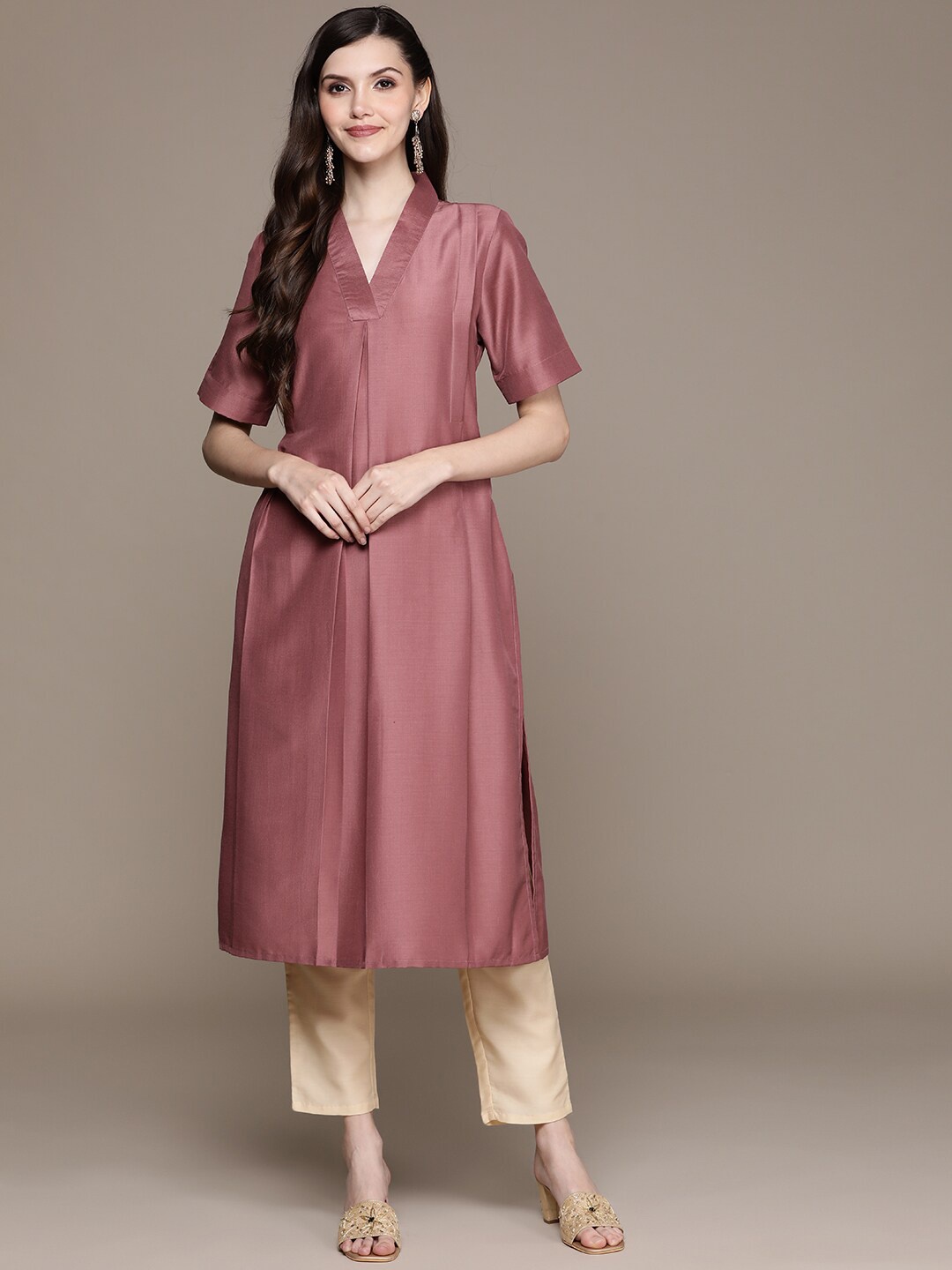 

ZIYAA V-Neck Straight Regular Kurta with Trousers, Brown