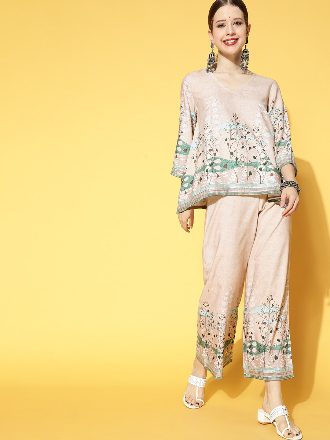 

ZIYAA Printed V-Neck Top With Palazzo, Cream