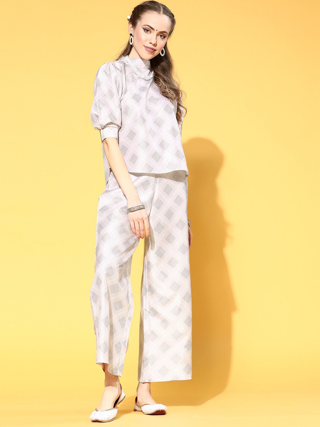 

ZIYAA Printed High Neck Cuffed Sleeves Top With Palazzo, Pink