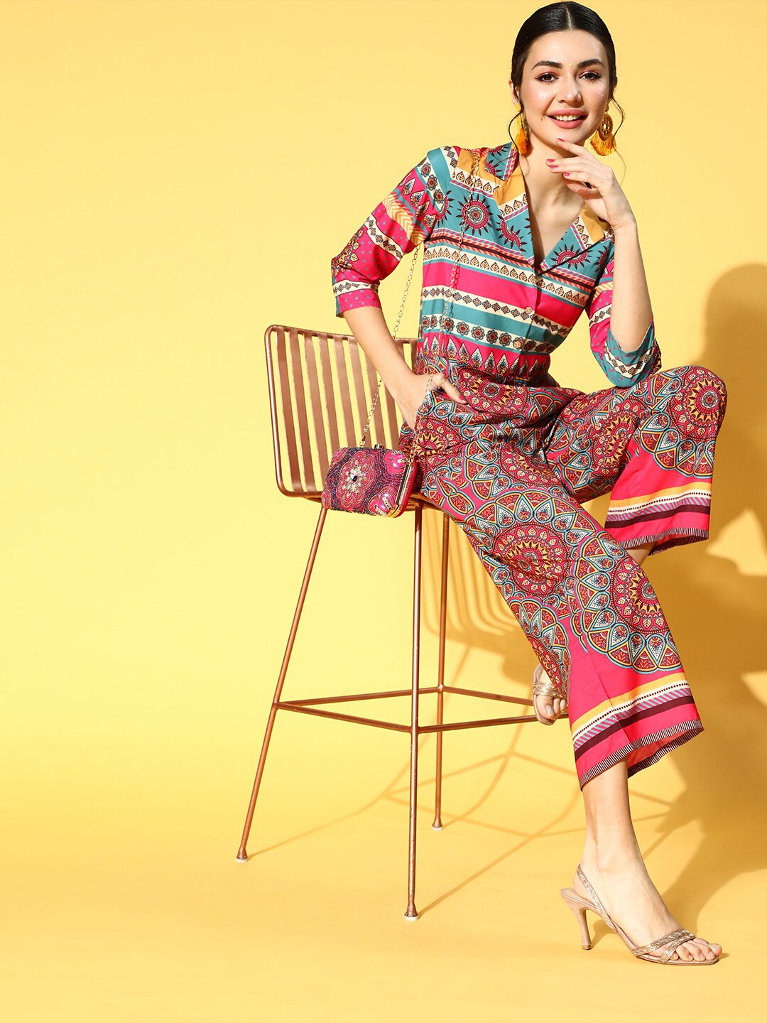 

ZIYAA Ethnic Motifs Printed Lapel Collar Basic Jumpsuit, Red