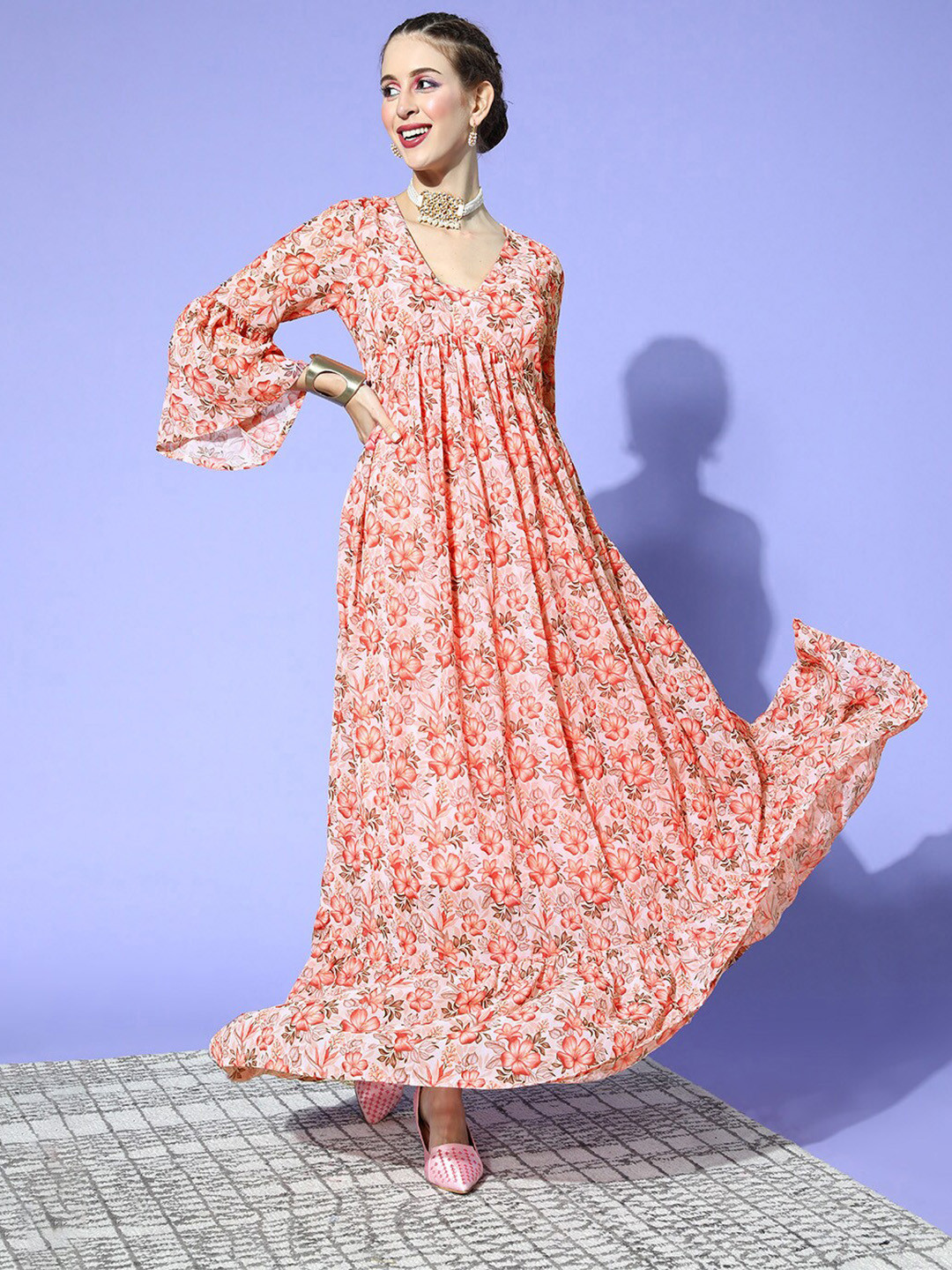 

ZIYAA Orange Floral Printed Bell Sleeve Maxi Dress