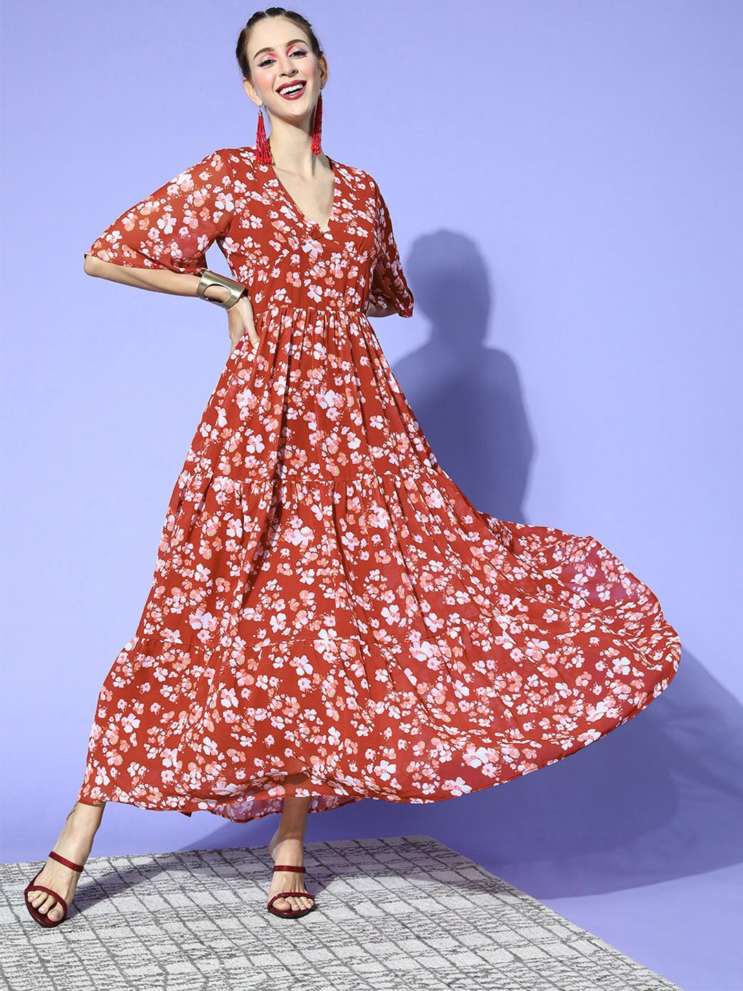 ZIYAA Red Floral Printed Fit & Flare Midi Dress
