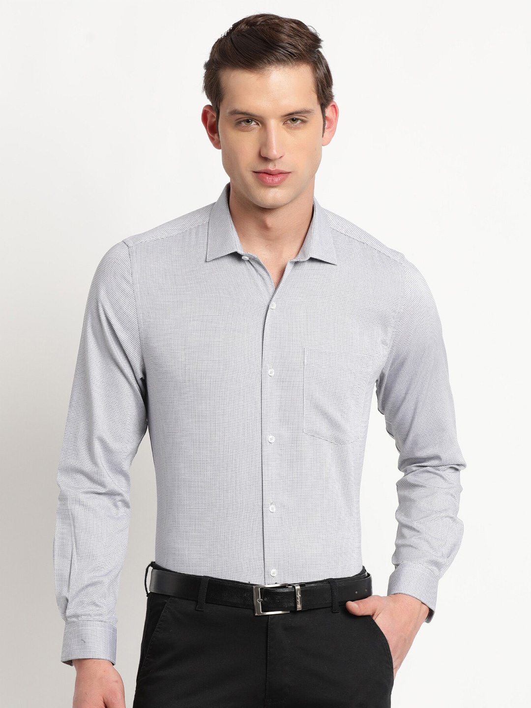 

Turtle Standard Micro Ditsy Printed Spread Collar Cotton Formal Shirt, Grey