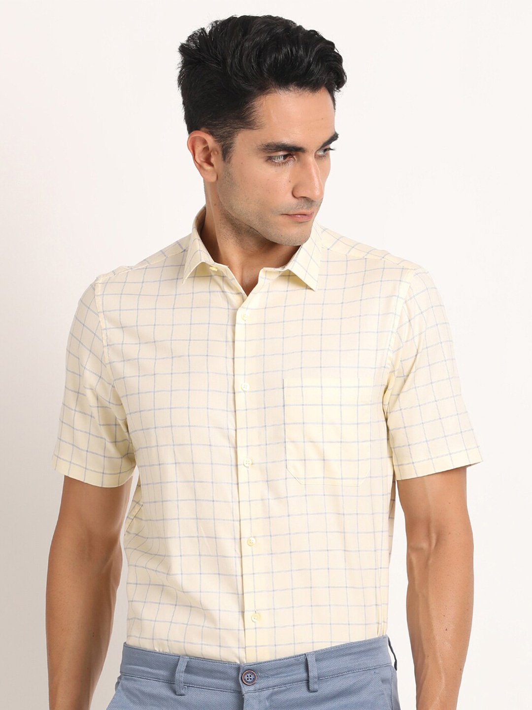 

Turtle Standard Windowpane Checks Pure Cotton Formal Shirt, Cream